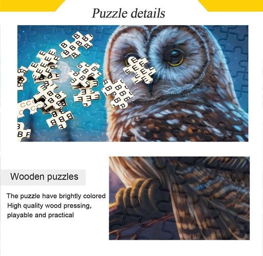 Wooden Jigsaw Puzzle 500 Pieces Night Forest Owl Print, Zigsaw with Alphabet Partition Storage Bag Easy to Solve for Adults