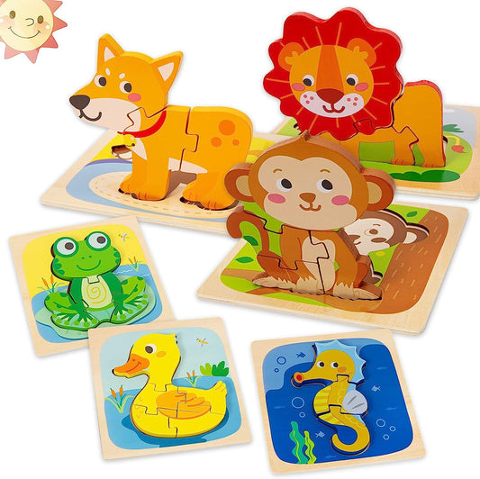 Wooden Jigsaw Puzzles for 3 + Years Old Toddlers, 8Pack Animal Shape Color Toys, Early Learning Educational Game Gifts for Children Babies Boys Girls