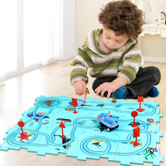 DIY Assembling Electric Trolley,Puzzle Track Play,Puzzle Track Play - Battery-Operated Toy Vehicle & Puzzle Board (Dinosaur Paradise,5PCS)