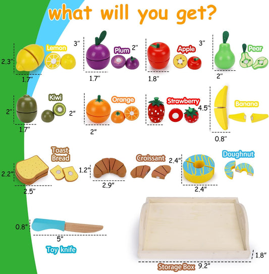 Wooden Pretend Play Food Sets Cutting Toys for Kids Kitchen Accessories Playset Toys with Toy Knife Velcro Fruit Board Learning Educational Fine Motor Skills Toddler Toys Birthday Gift