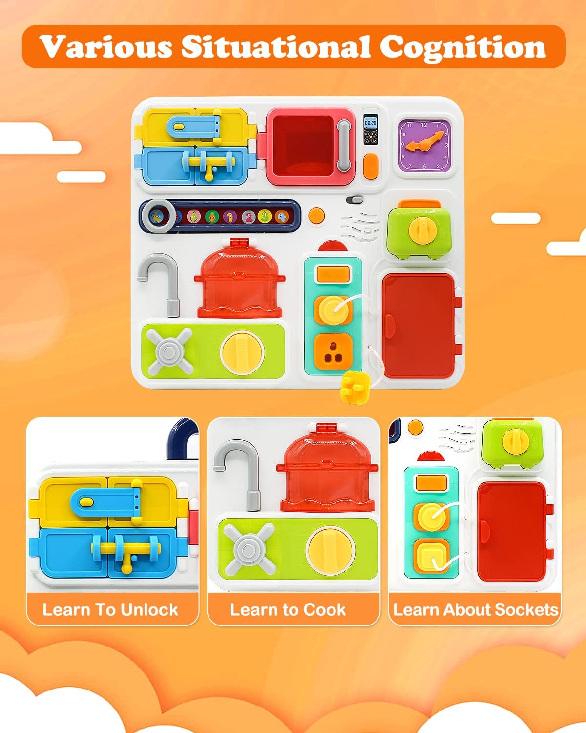Latches Busy Board with Music and Lights, Musical Sensory Learning Toys for Baby Toddler Ages 12-18-36 Months Girls & Boys, Educational Activity Board Travel Toys for Toddlers (Play Kitchen)