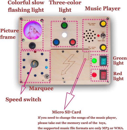 LED Light Busy Board Button Switch Baby Musical Toys Gift for Kids Baby Electronic Learning Sensory Board Educational Activity Board Wooden Fidget Board Toy