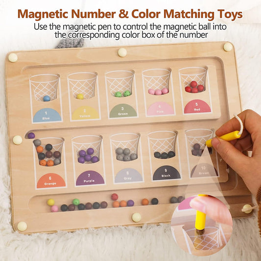 Magnetic Number and Color Matching Maze Toys, Wooden Color Matching Learning and Number Matching Toy Board, Preschool Learning Educational Toys for Toddlers, Fine Motor Skills Toys