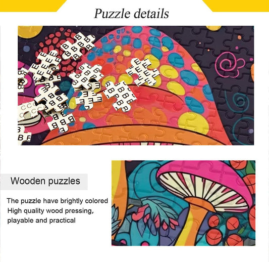 Wooden Jigsaw Puzzle 500 Pieces Vibrant Mushroom Print, Zigsaw with Alphabet Partition Storage Bag Easy to Solve for Adults