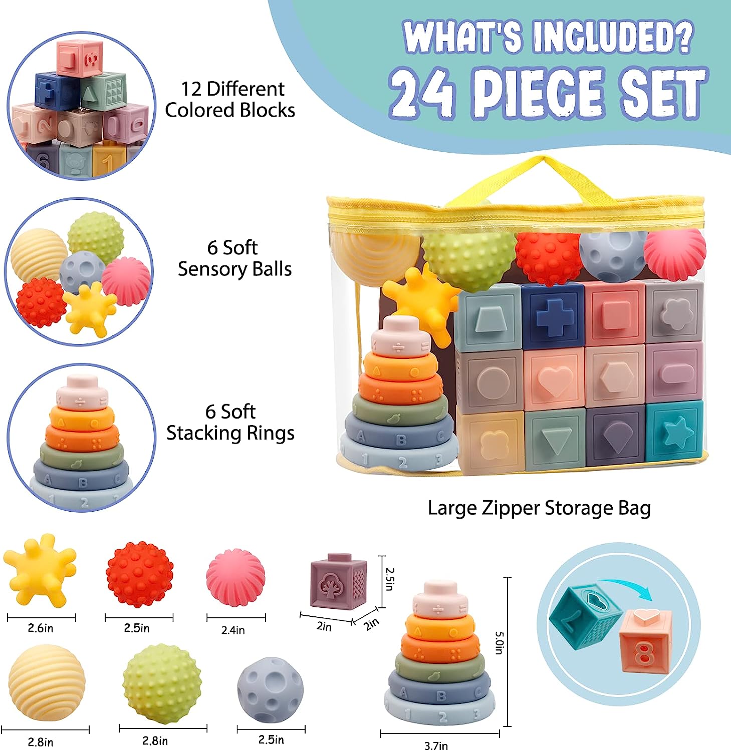 Toys for Babies 6-12 Months Soft Baby Toys Set 3 in 1 Stacking Building Blocks Infant Teething Toys Sensory Balls Educational Learning Toys for Toddlers 3-6-9-12 Months Boys Girls