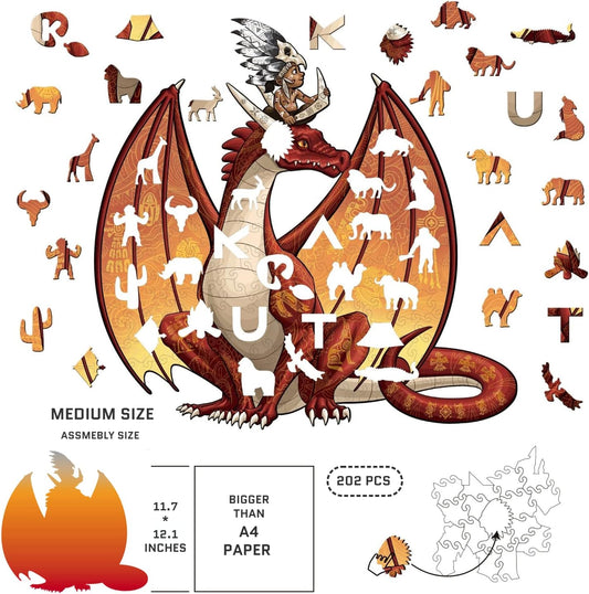 Wooden Jigsaw Puzzles, Unique Animal Shape, Set with Wall Mounting Kits for Decoration, 11.7 x12.1 in, 202 pcs, Best Gift for Children and Adults (12 yrs+) ( & Dragon) (Extra M)