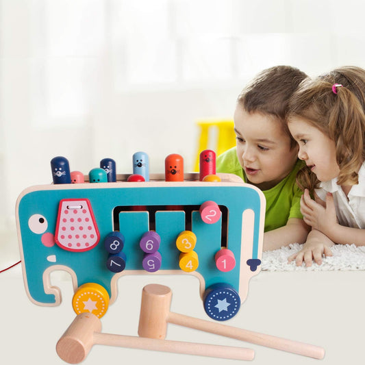 Whack a Mole Game for Toddlers, Wooden Educational Toy for Hammering, Pounding, Hitting and Pull Along, Xylophone, Elephant, Gopher, Mouse and Hamster, Gift for 3+ Years Boys and Girls (Dds-1)