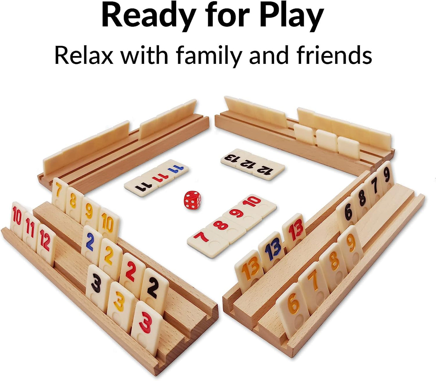 Rummy Cube Game with Case, 106 Rummy Tiles Game Sets with 4 Wooden Racks/Trays, Classic Travel Board Game Sets with 4 Tiles Holders and Portable Case