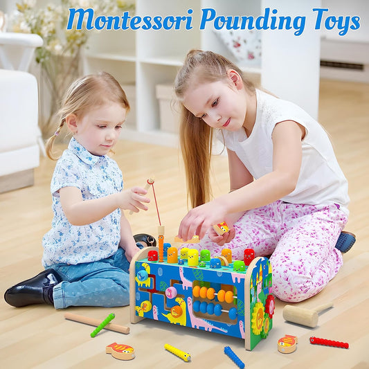 8 in 1 Wooden Toys for 1 2 3 4 Year Old Boys Girls Whack a Mole Game Hammering and Pounding Toys with Xylophone Fishing Game Toddlers Educational Developmental Learning Toys Gifts