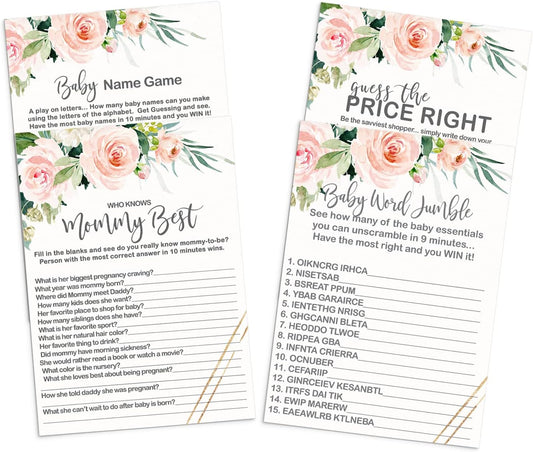 Graceful Floral Baby Shower Games for Girls 4 Games Double-sided Guess the Price Right, Who Knows Mommy Best, Word Scramble and Baby Name Alphabet Games, Rustic Pink and Gold 25 Guest Pack