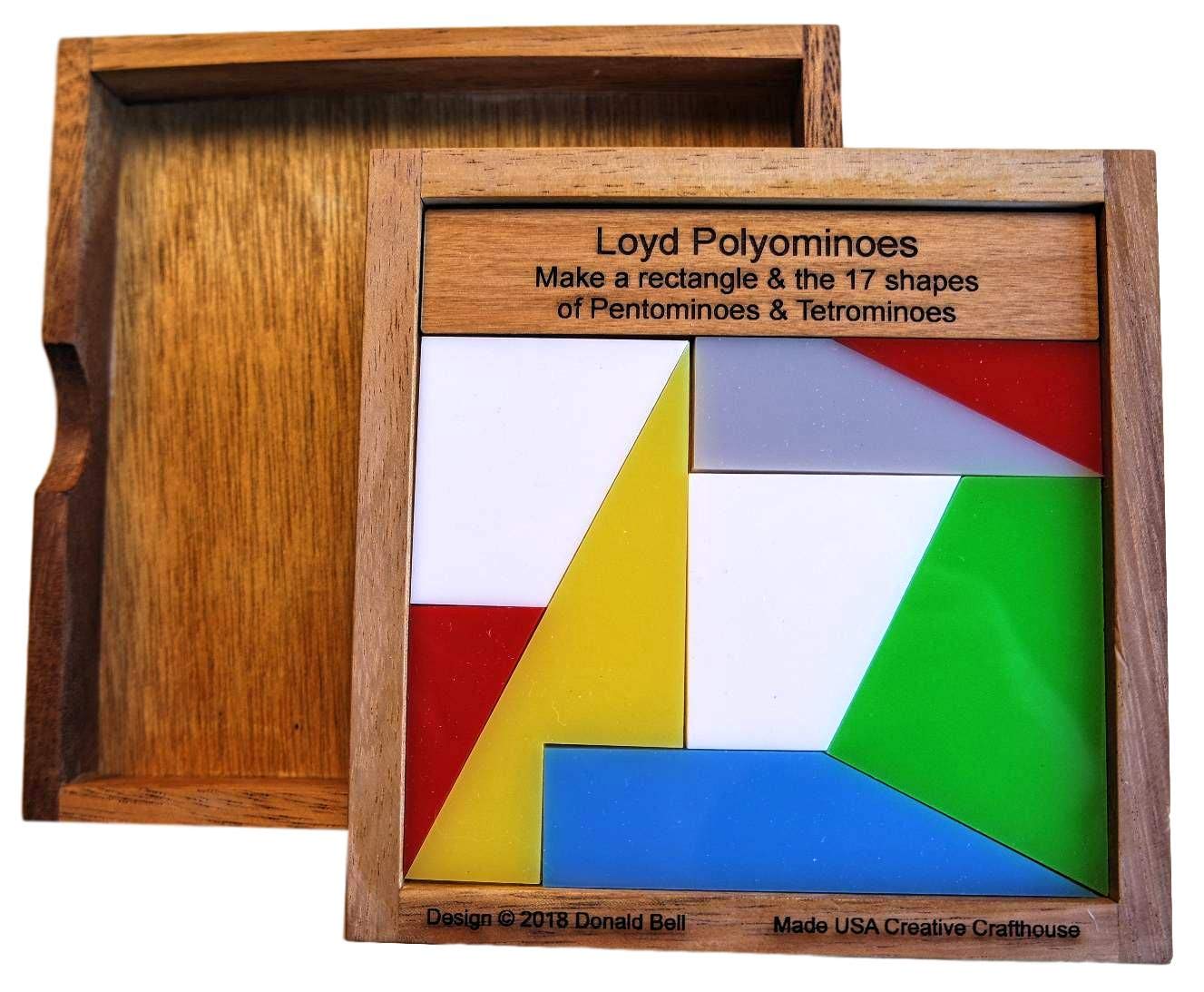 Loyd Polyominoes – 2018 Puzzle Design Design. Eight Pieces Make the Rectangle Plus 17 Shapes