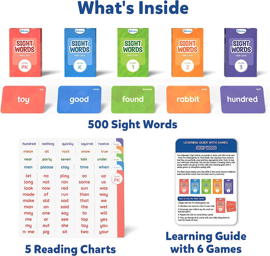 Flash Cards - 500 Sight Words, for Preschool (Pre-K), Kindergarten,1st, 2nd, 3rd Grade, Includes The Dolch & Fry Word List & 6 Unique Games