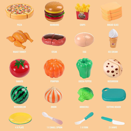 49PCS Cutting Play Food Toy for Kids Kitchen, Pretend Fruit & Vegetables Accessories with Shopping Storage Basket, Plastic Food Dishes Toy, Best Educational Gift for Toddlers Boys Girls