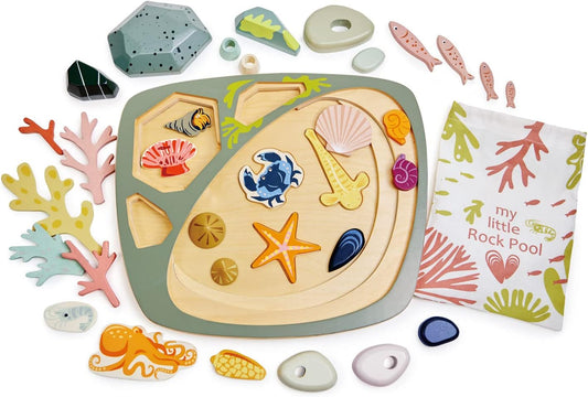 My Little Rock Pool - 35 Piece Wooden Sea Life Set with Illustrated Drawstring Bag - Educational Play toy, Improve Fine Motor Skills, Shape Sorting Play for Boys and Girls - Age 3 +