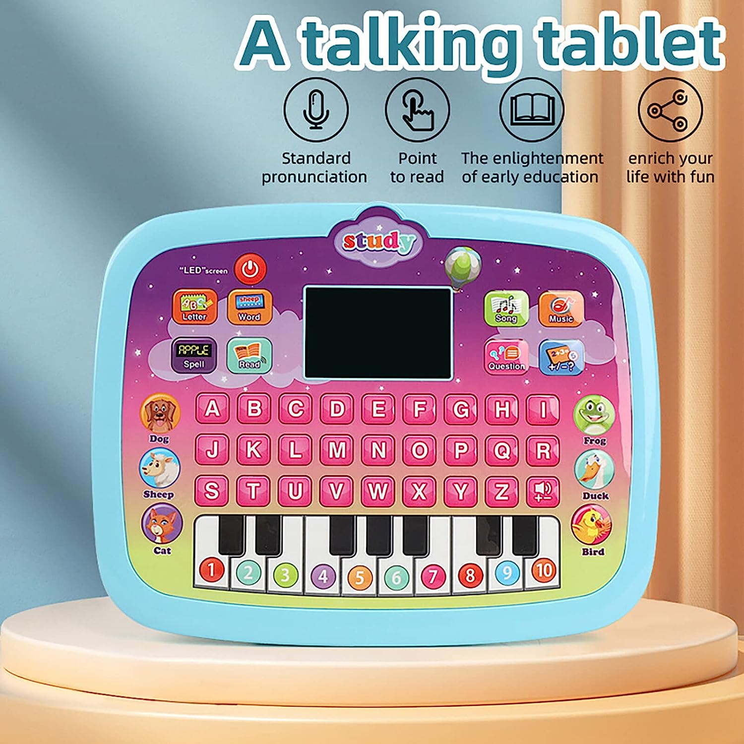 Toddler Learning Tablet Pad, Interactive Toy with Screen- Educational Toys Fun Gifts, Music/Piano/ABC/Numbers/Words/Spell/Animals for Boys Girls (Blue)