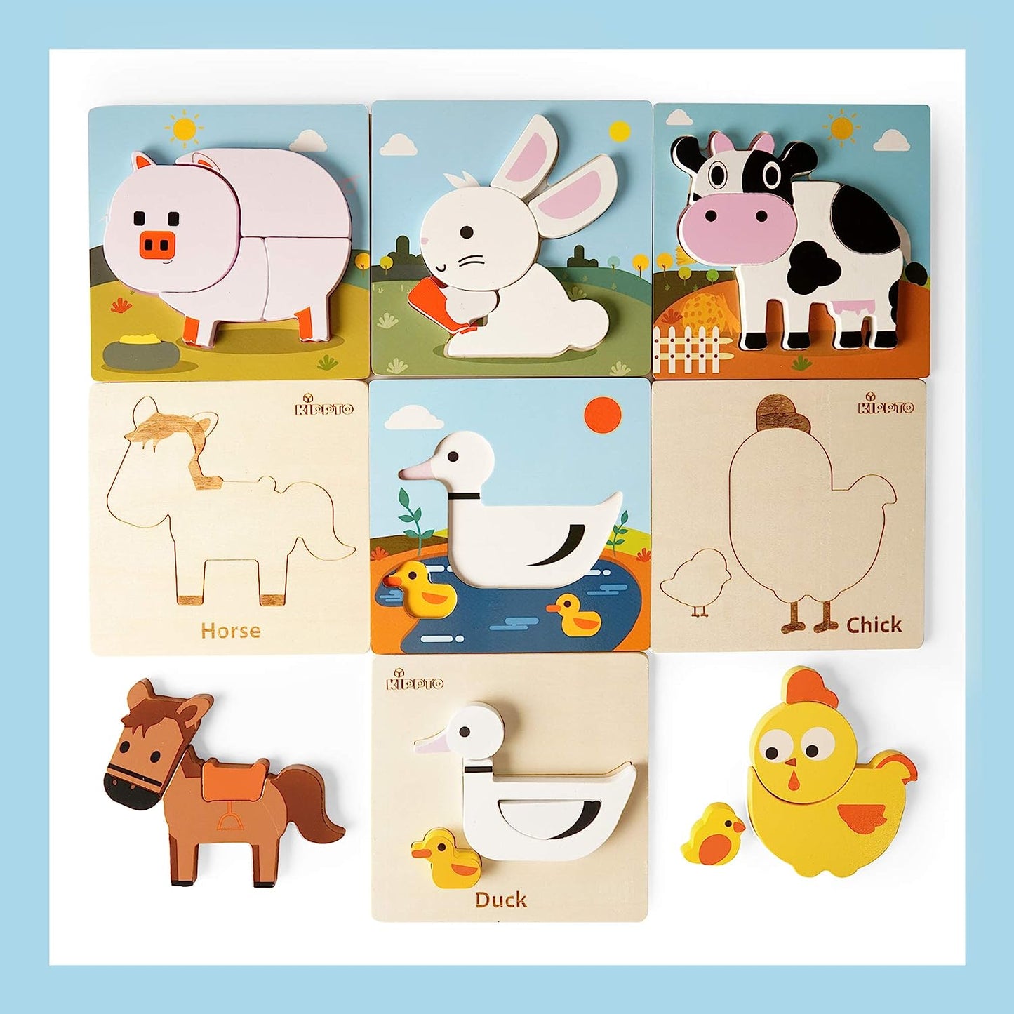 Wooden Toddler Puzzles- Pack of 6 Farm Animals- Cow, Horse, Chicken, Pig, Rabbit and Duck. Puzzle for 3-5 Years Old Preschool Kids STEM Toy, Kids Safe Non-Toxic Material