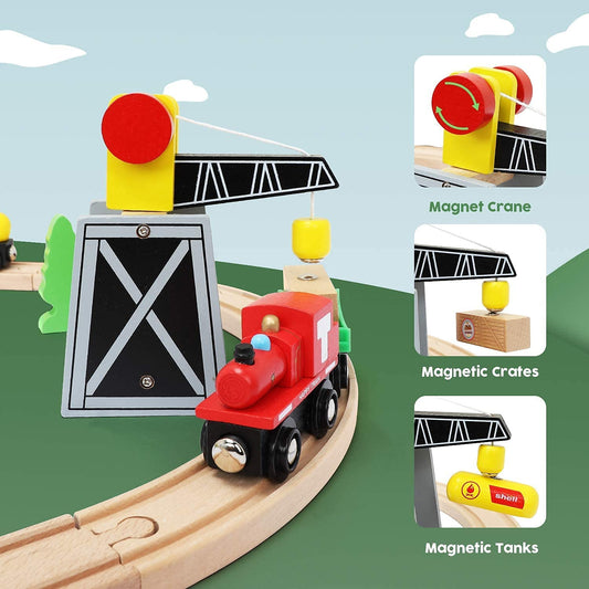 Wooden Train Set 60pcs Toddler Boy Toys for 3 Year Old Boys with Crane Wood Train Tracks Toys Fits Thomas Brio Melisa Chugginton Train Track Set Xmas for Boys