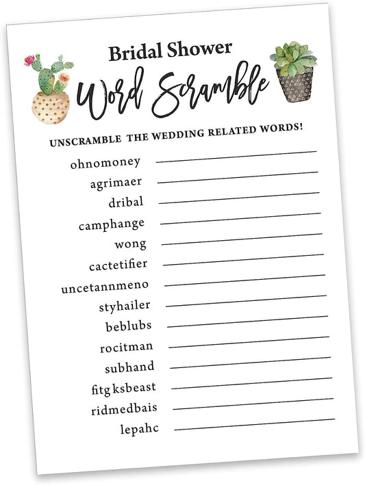 Cactus Taco'bout Love Party Wedding Supplies 50-Pack Wedding Word Scramble Bridal Shower Game Cards