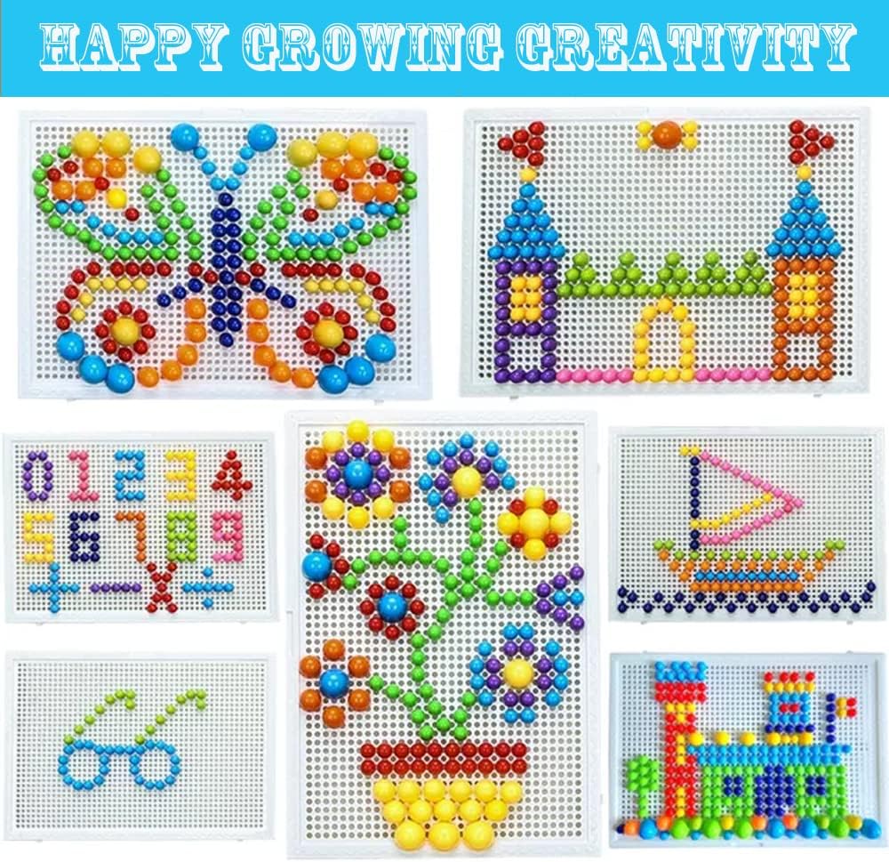 592Pcs Jigsaw Puzzle Mix Colour Mushroom Nails Pegboard Educational Building Bricks Creative DIY Peg Puzzle Toys 3D Games Birthday Chris as Party Gift for Kids Children Age Over 3 Years Old