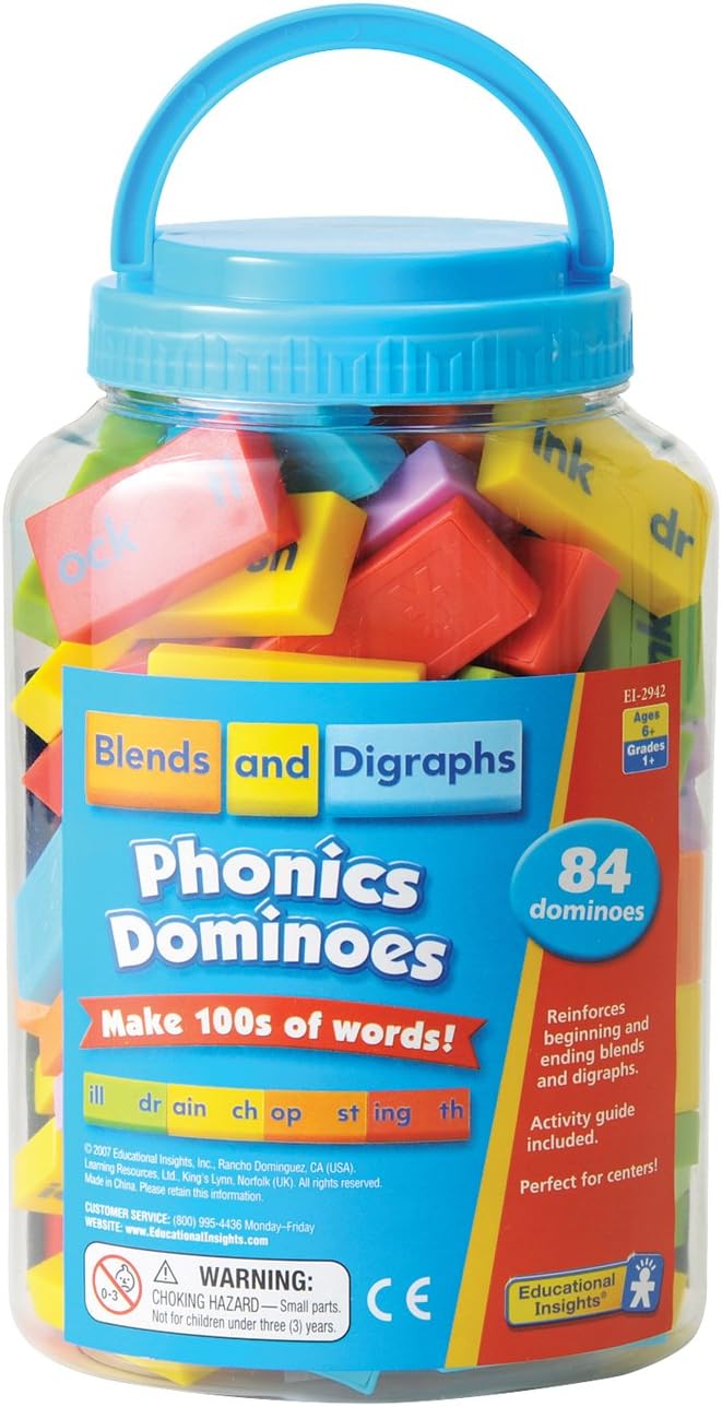 Phonics Dominoes – Blends & Digraphs - Classroom Manipulatives, Set of 84 Dominoes in 6 Colors, Ages 6+