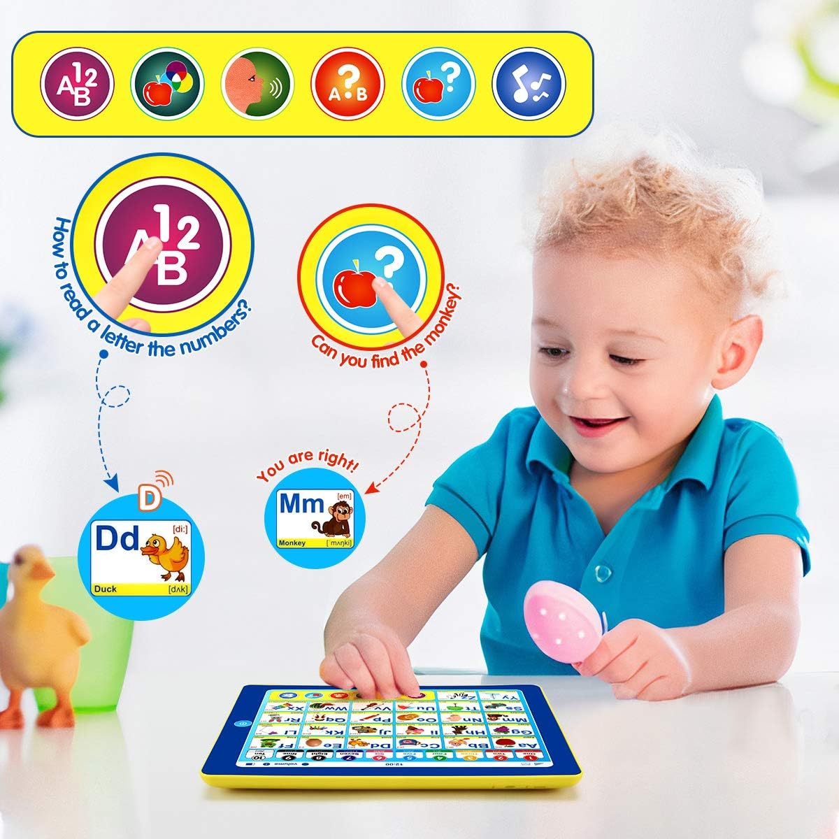 6-in-1 Kids Tablet with ABC/Words/Numbers/Color/Games/Music - Interactive Educational Electronic Toys Makes Learning Fun, Toddler Learning Toys Gifts for Age 3 4 5 Year Old Boys Girls&Preschool