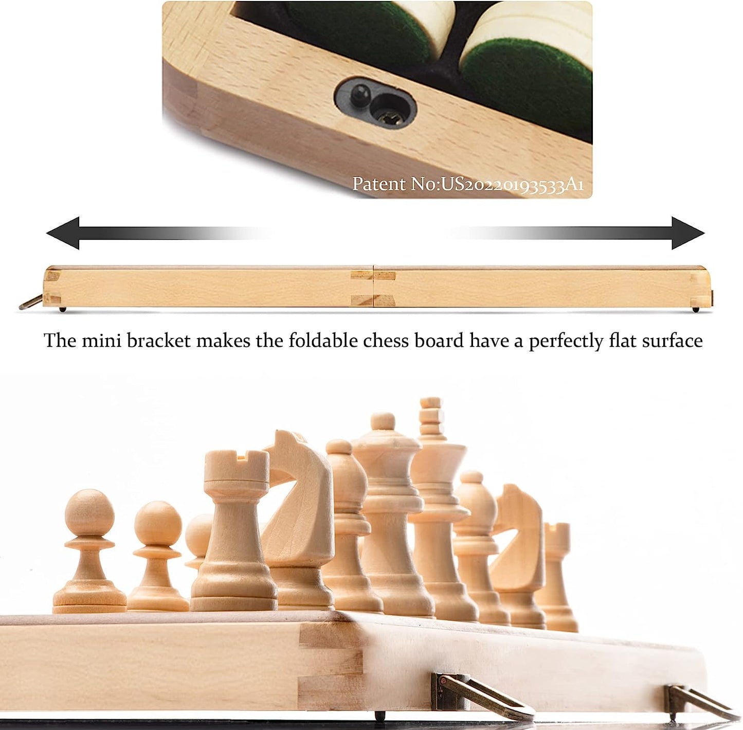 15 inch Wooden Folding Chess & Checkers Set w/ 3 inch King Height Staunton Chess Pieces / 2 Extra Queens - Beech Box w/Maple & Walnut Inlay