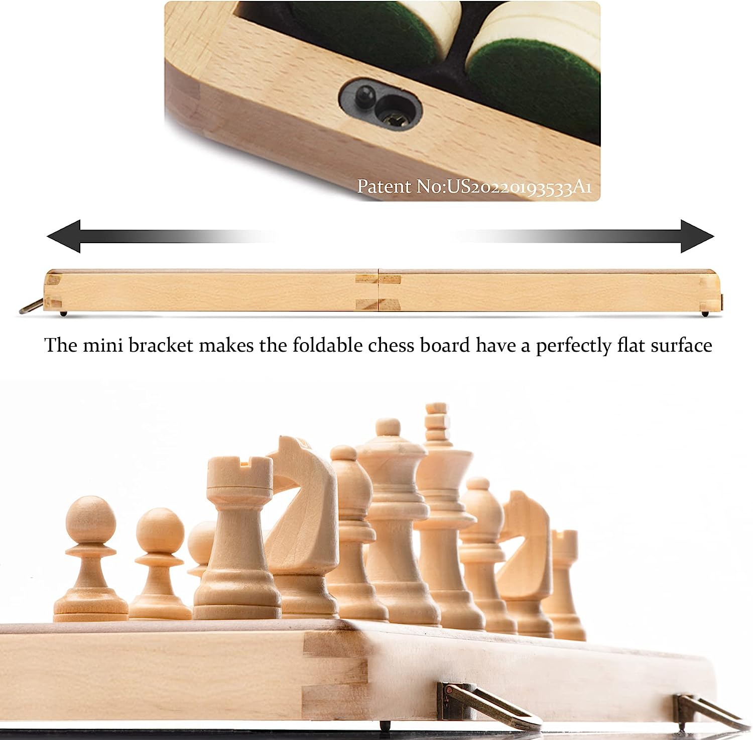 15 inch Wooden Folding Chess & Checkers Set w/ 3 inch King Height Staunton Chess Pieces / 2 Extra Queens - Beech Box w/Maple & Walnut Inlay
