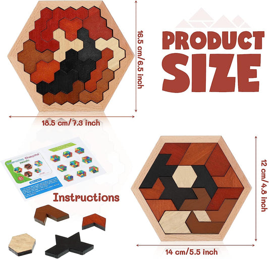 3 Pack Hexagon Wooden Puzzle Wood Russian Blocks Tangram Puzzle Brain Teaser Puzzles Geometric Jigsaw Block Russian Blocks Logic IQ STEM Toy for All Ages Kid Adult Intelligence (Vintage)