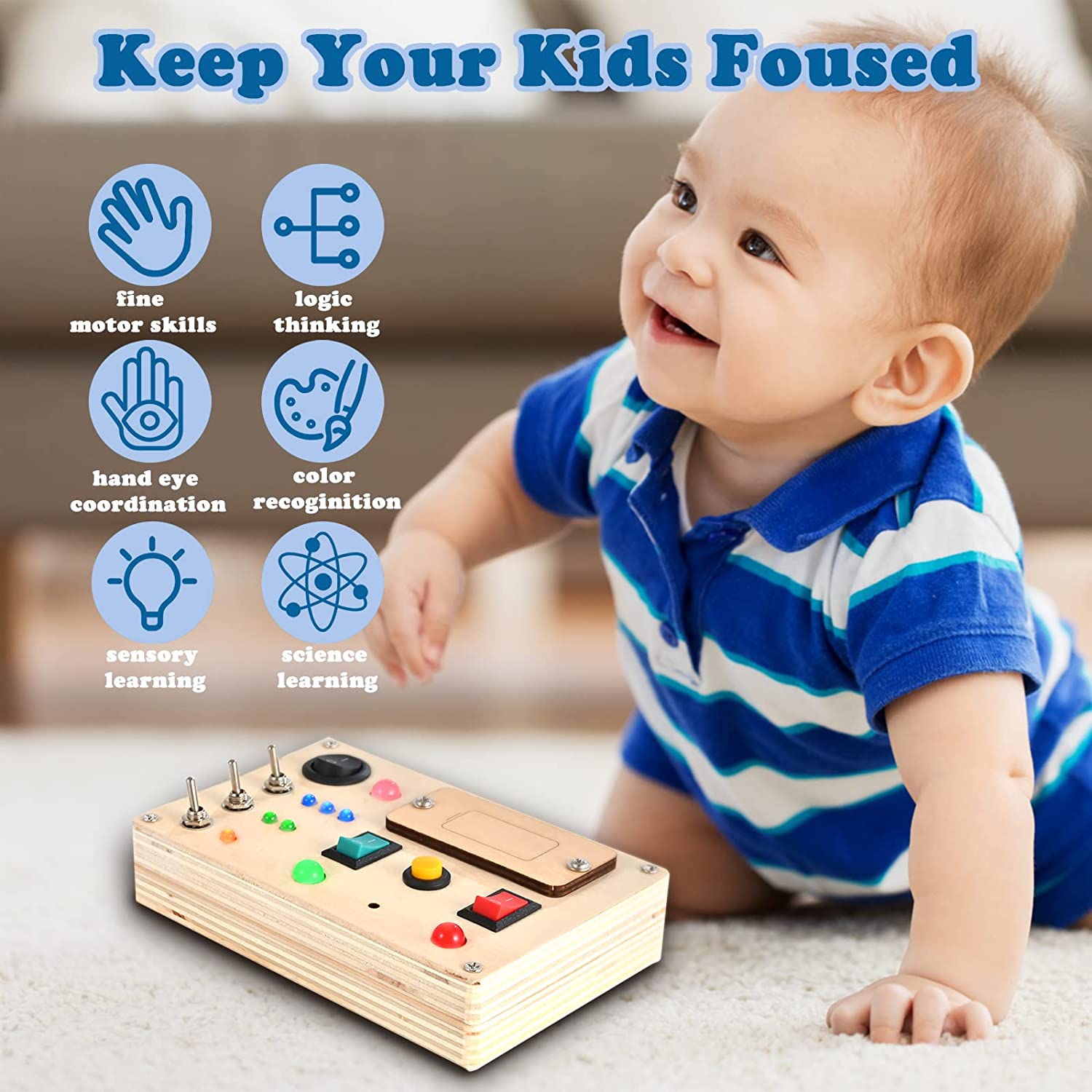 LED Light Switch Busy Board Toy Button Busy Board Kids Wooden Control Panel Kids Toy Activity Sensory Board Fidget Toy for Toddlers 1 2 3 Year Old