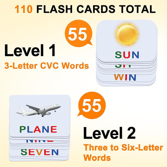 CVC Word Games, Spelling Games with 110 Sight Words Flash Cards, Wooden Matching Letter Game, Educational Learning Toys, Word Builder for Kindergarten 1st 2nd Grade Kids