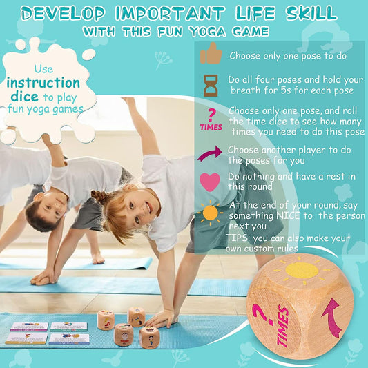 Kids Yoga Wooden Dice with Yoga Cards, Fun Exercise Dice for Kids Workout Equipment, Workout Dice Game for Kids Solo or Group, 12 Yoga Cards for Kids with Wooden Gift Boxes, Yoga for Kids