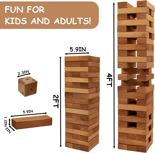 54 Pieces Giant Tumble Tower Blocks Game Giant Wood Stacking Game with 1 Dice Set, Gameboard, Canvas Bag for Adult, Kids, Family, Brown
