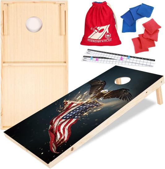 Classic Cornhole Set, Cornhole Toss Game Set, Corn Holes Outdoor Game Set, 2x4 Ft Regulation Size Wood Premium Cornhole Set, with American Flag Cornhole Boards