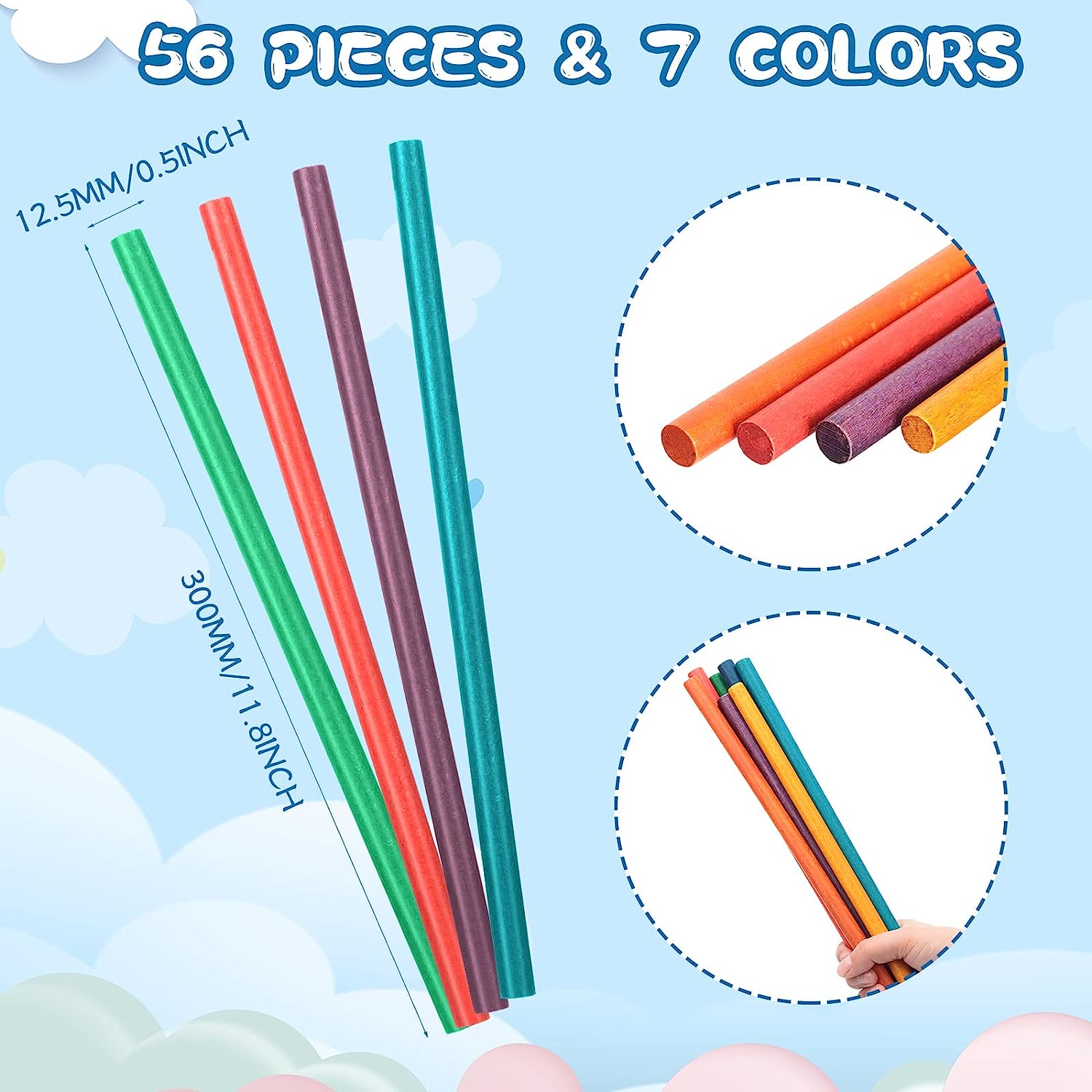 56 Pack Kids Rhythm Sticks Bulk Class Set Music Lummi Sticks Colored Wood Percussion Instruments Wooden Preschool Educational Musical for Children Toddler Boys Girls Classroom, 12 x 1/2 Inch
