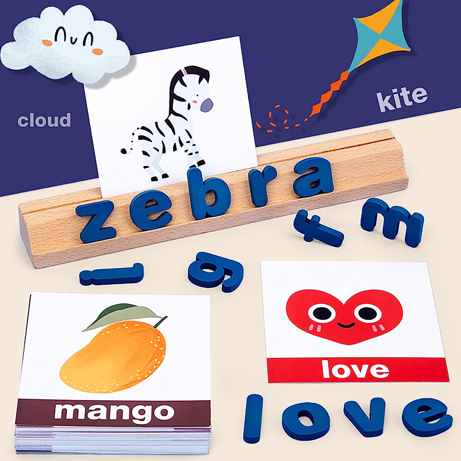 Learning to Spell Words - Word Puzzle Spelling Game, 4 and 5 Letter Words, Letters Made of Wood, Ages 3+