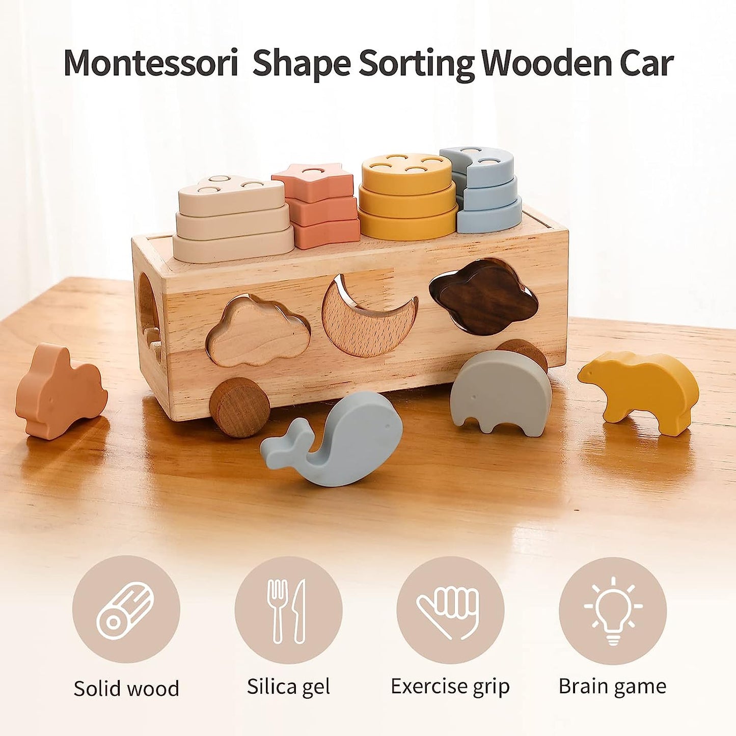 Shape Sorter Toys for Toddlers 1-3 Stack Toy Car for 1 Year OldBaby Blocks Sorting Wooden&Silicone Educational Car Stacking Toys Toy1 2 3 Year Old Girls Boys Gifts