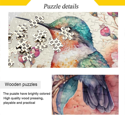 Wooden Jigsaw Puzzle 500 Pieces Watercolor Hummingbird Print, Zigsaw with Alphabet Partition Storage Bag Easy to Solve for Adults