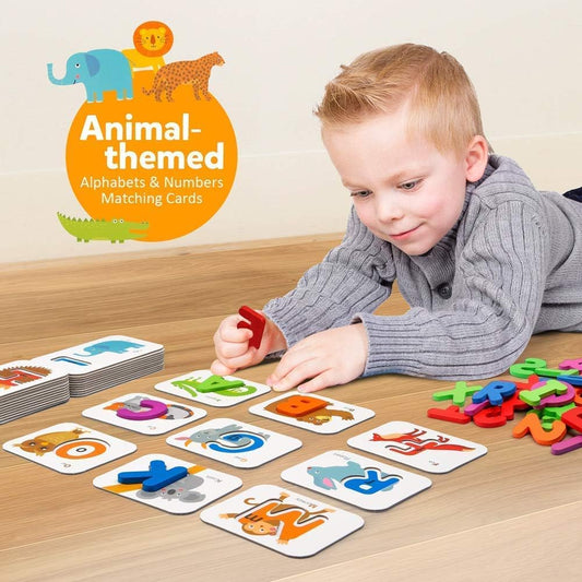 Numbers and Alphabets Flash Cards Set - ABC Wooden Letters and Numbers Animal Pattern Board Matching Puzzle Game Educational Learning Toys Gift for Preschool Kids Age 3 4 5 Years