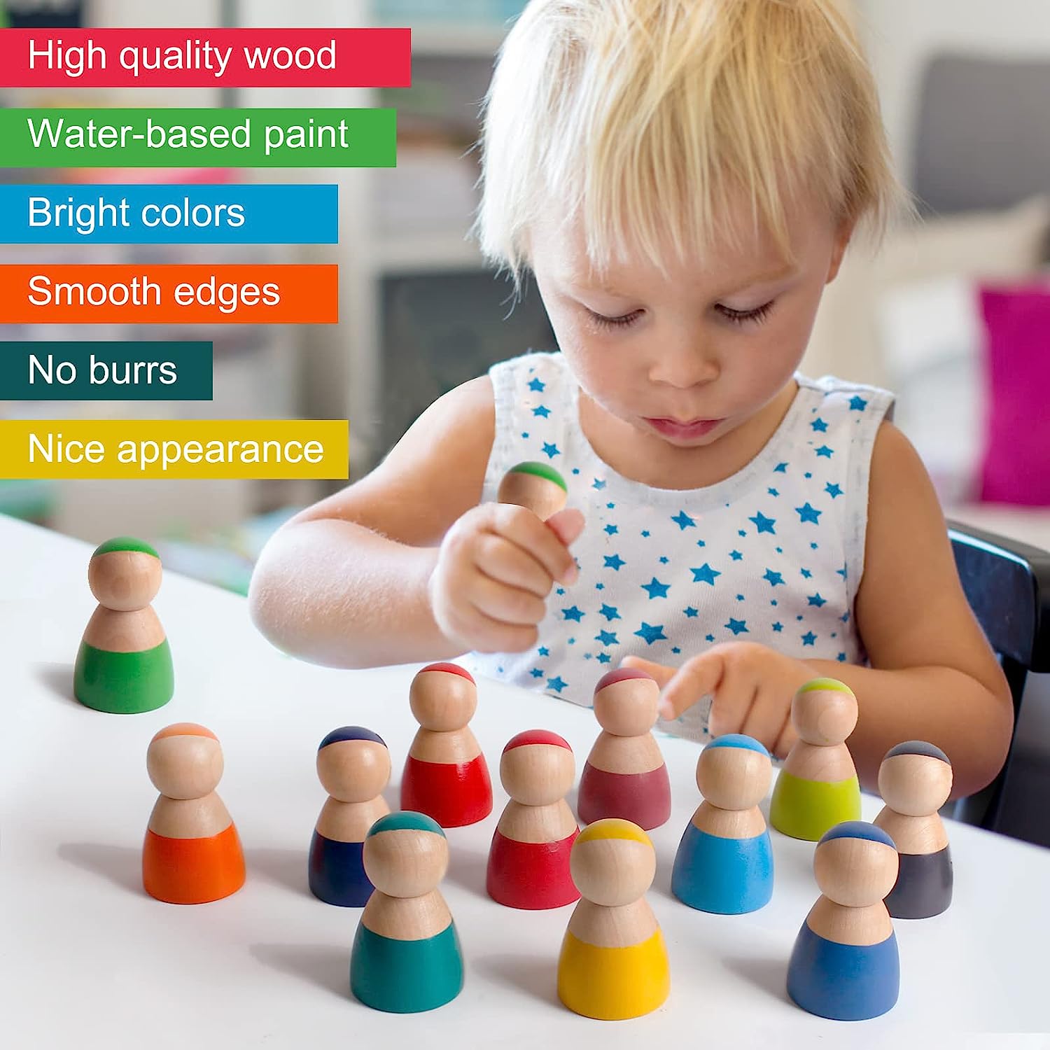 12 PCS Rainbow Wood Peg Dolls Wooden Pretend Play People Figures for Toddlers Preschool Learning Educational Toys Wooden Toddler Toys for Boys Girls