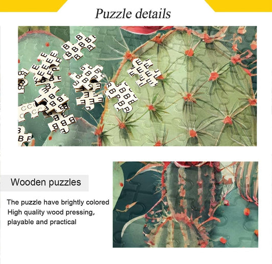 Wooden Jigsaw Puzzle 1000 Pieces Vintage Cactus Print, Zigsaw with Alphabet Partition Storage Bag Easy to Solve for Adults