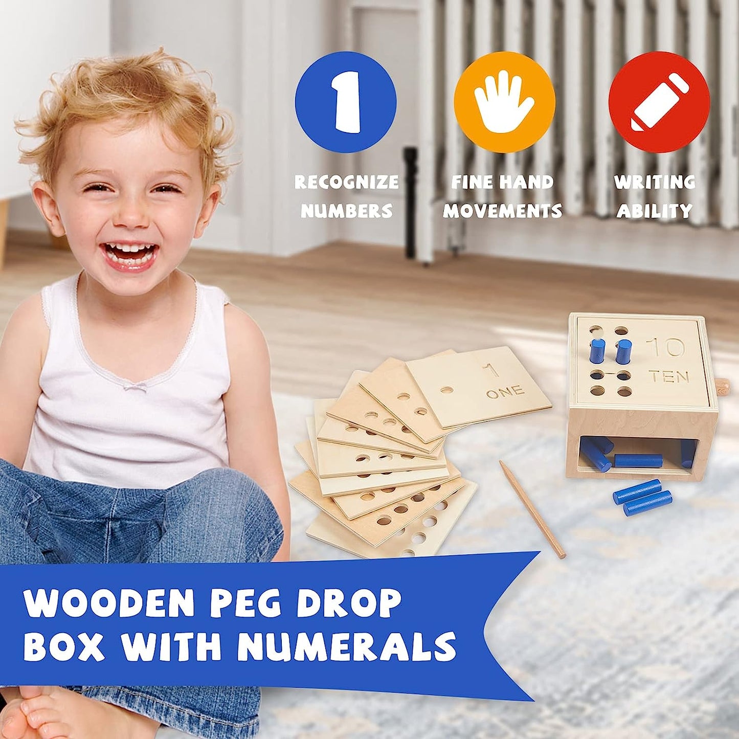 Toddler Counting Peg Board Box with Number- Wooden Counting Box Toys for Toddlers 1-3, Math Manipulatives Materials and Numbers, Toys for 3 Year Old,Peg Board for Kids