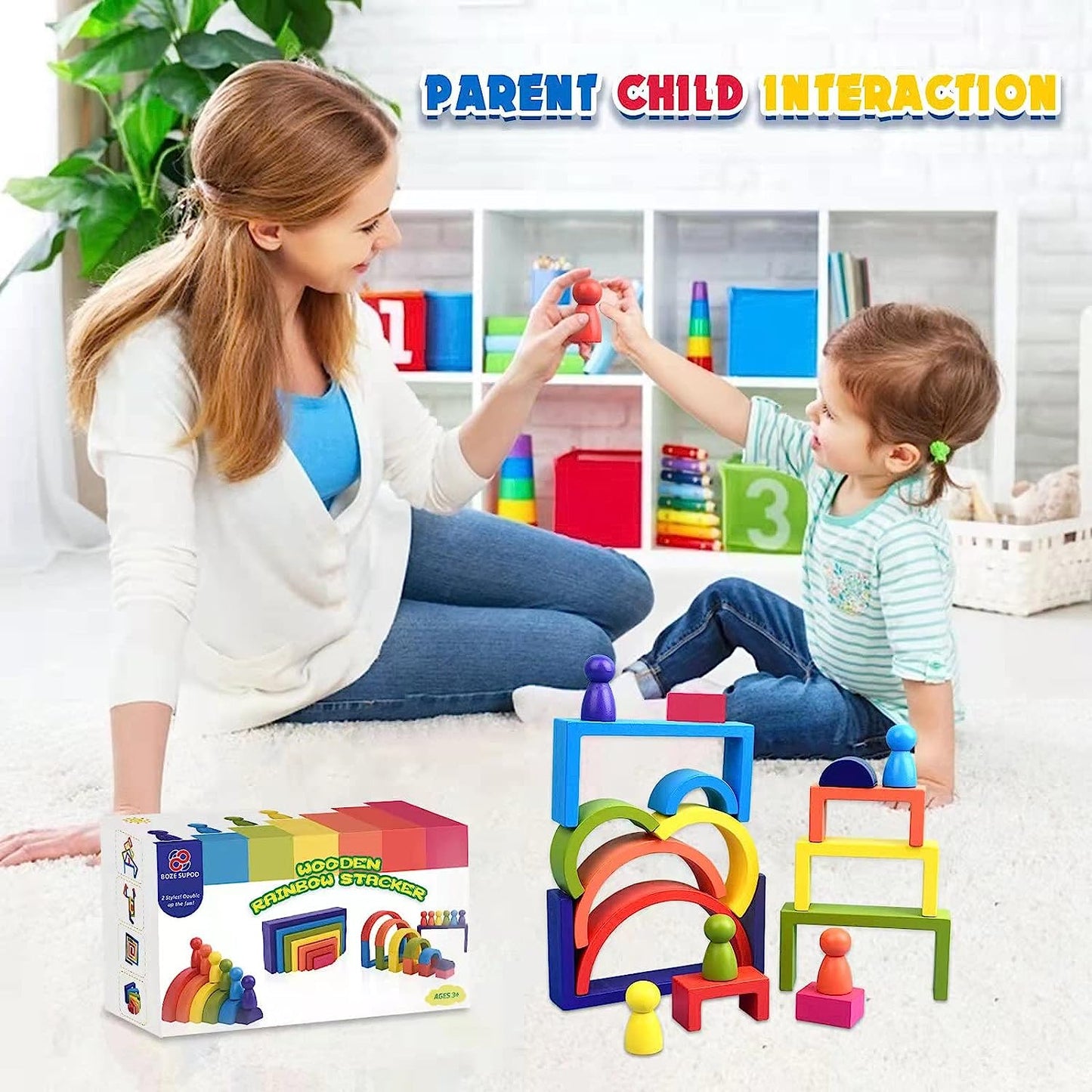 Wooden Toys Rainbow Stacking Blocks- Toys Building Blocks for Toddler Age 1 2 3 4 Years Old Open Ended Preschool Activity Educational Toy Gifts for Kids-19PCS
