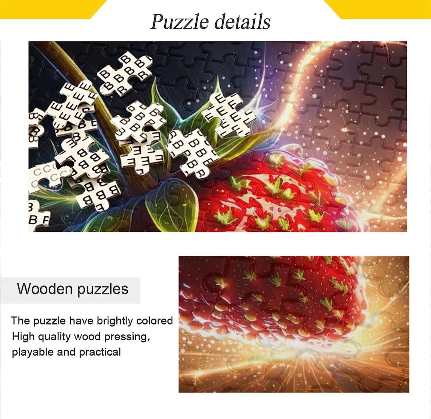 Wooden Jigsaw Puzzle 500 Pieces Shinning Strawberry Print, Zigsaw with Alphabet Partition Storage Bag Easy to Solve for Adults