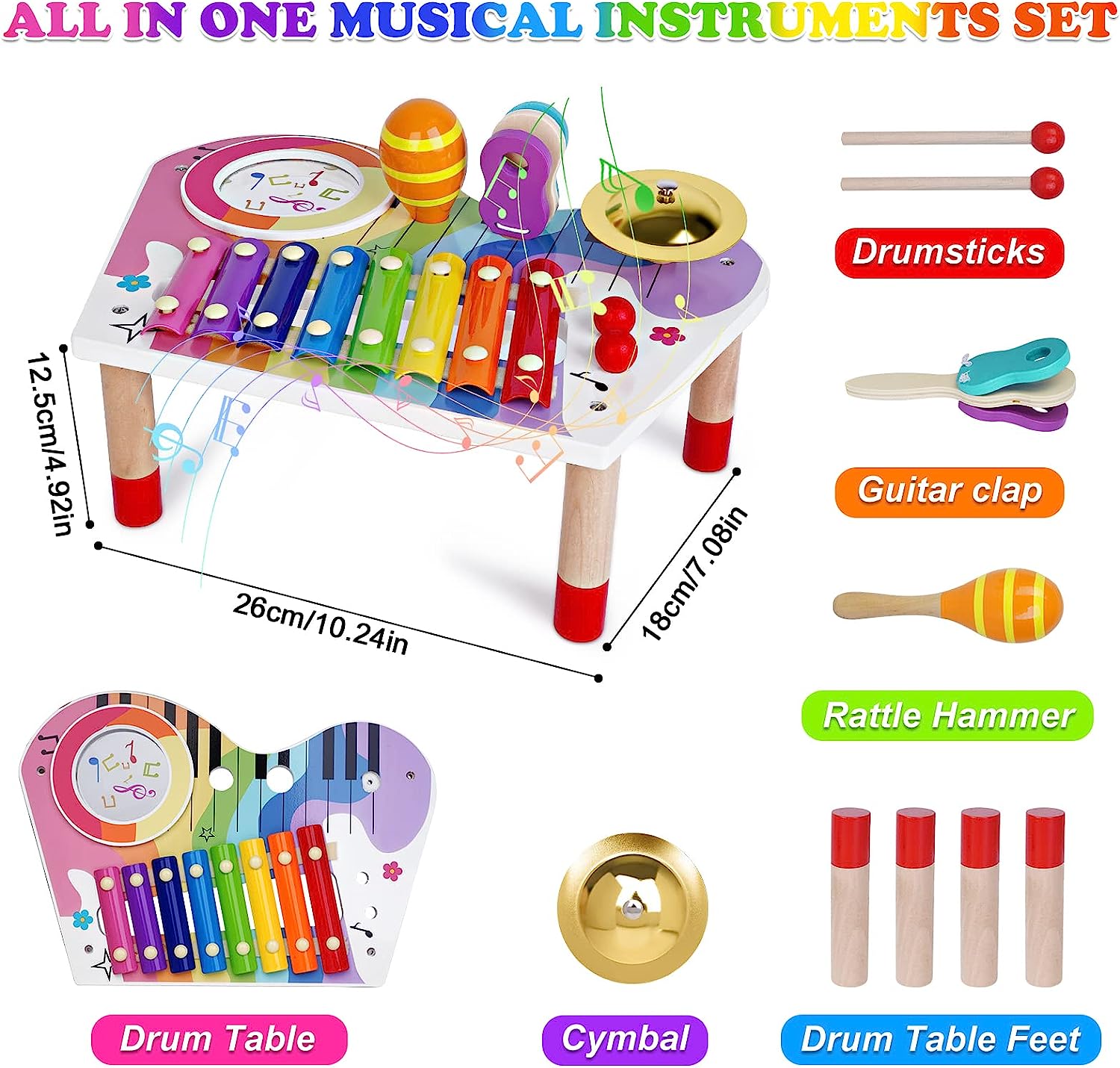 Kids Drum Set for Toddlers Aged 3+ ,7 in 1 Wooden Toddler Musical Instruments Set,Toddler Xylophone Educational Sensory Toys Gifts for Kids Aged 3+