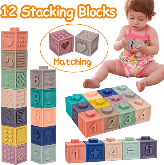 3 IN 1 Soft Baby Sensory Toys 6-12 month Toy 1 2 Year Old Infant Teething Toy Stacking Block Ring Balls Easter Basket Baby Gift Bath Toy Developmental Learning Toy for Toddler 12-18 Months