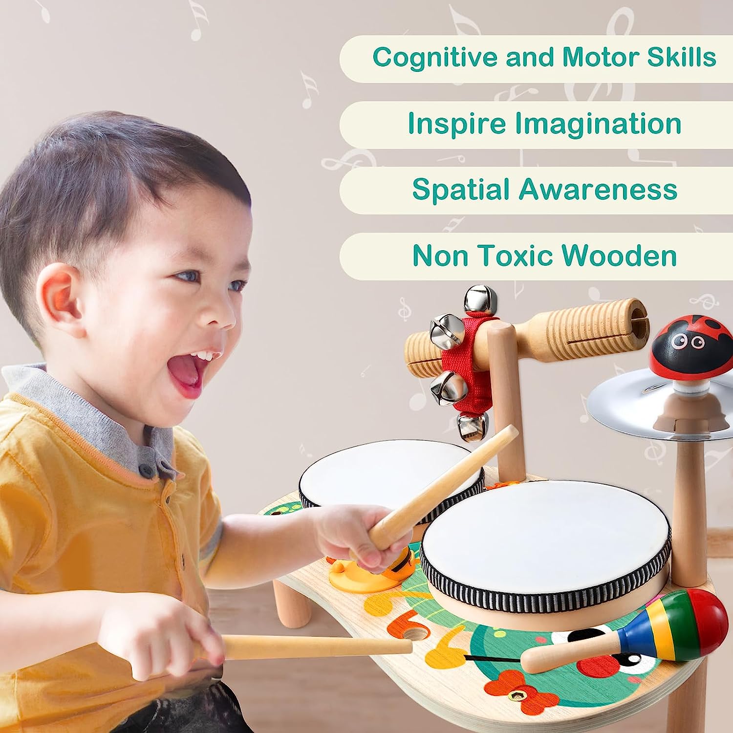 Kids Drum Set - Musical Instruments Set Toddler Toys - 7 in 1 Wooden Musical Kit Baby Sensory Educational Toys - Chris as Birthday Gifts for Children Boys & Girls