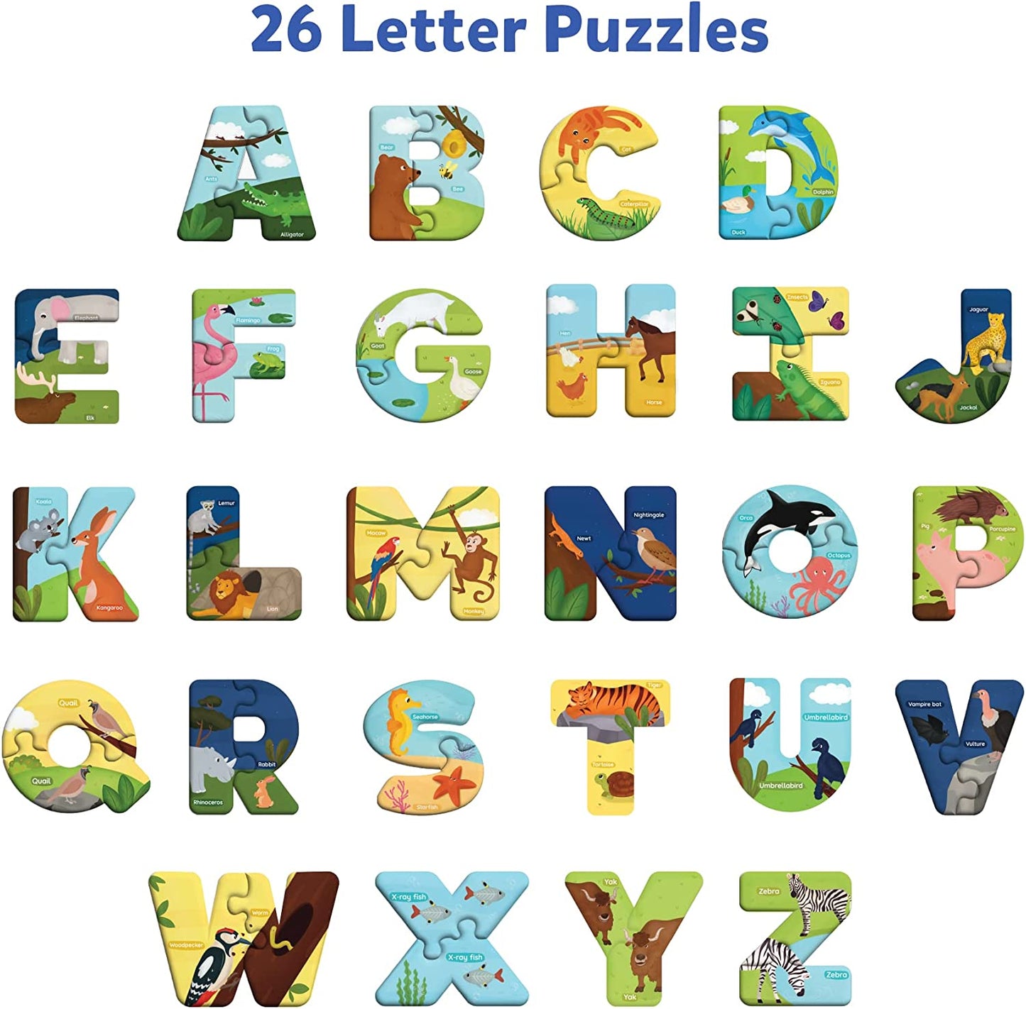 Animal Alphabet Puzzle - 52 Piece Jigsaw Puzzle for Preschoolers, Educational Toy for Learning ABCs and Letters, Gifts for Kids Ages 3 to 6