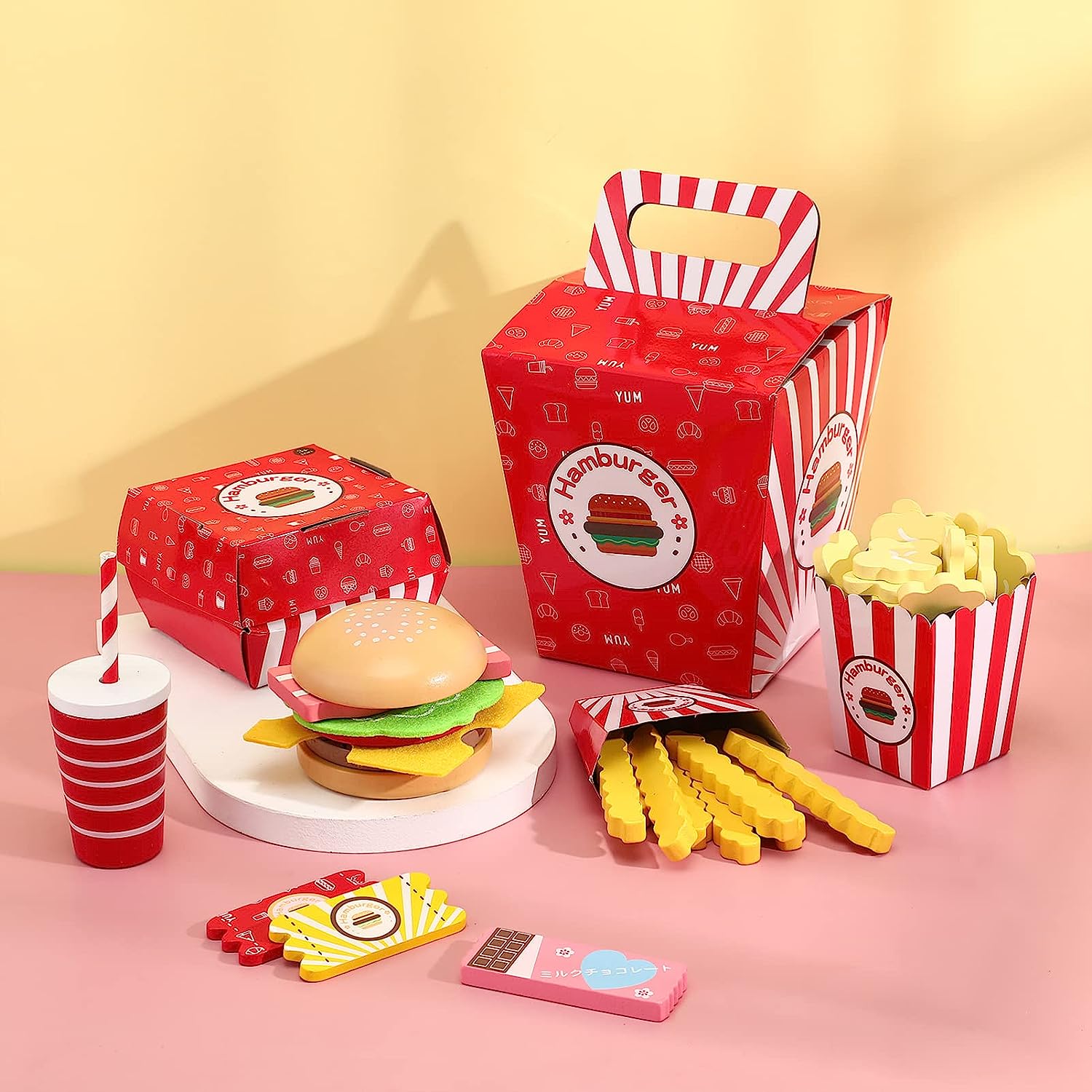 Wooden Fast Food Burger Fries Deluxe Dinner Set, Kitchen Pretend Play Accessories Toy, Realistic Burger Fries Pretend Play Food Set Toy House Props Educational Gifts