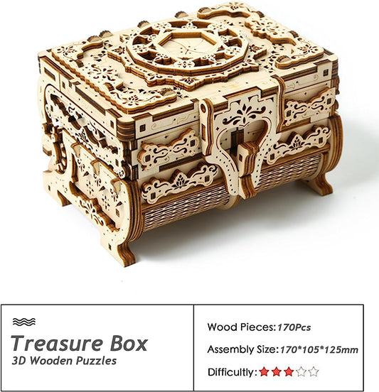 3D Wooden Puzzle Mechanical Treasure Box - Educational Brain Teaser Assembly Model - Gift for Boys Girls Adults When Mother's Day/Birthday/Valentine's Day（Six Moving compar ents）