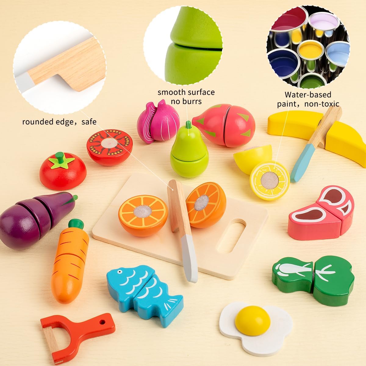 18PCS Wooden Play Food Sets for Kids Kitchen Accessories Pretend Play Cutting Fruit Vegetables Meat Educational Toys for 3+ Years Old Toddlers Children Boys Girls